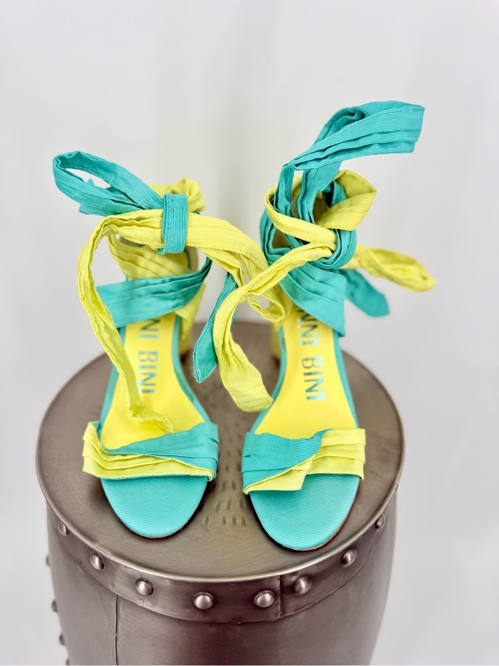 Gianni Bini Teal and Lime Ruffle Ankle-Tie Heels